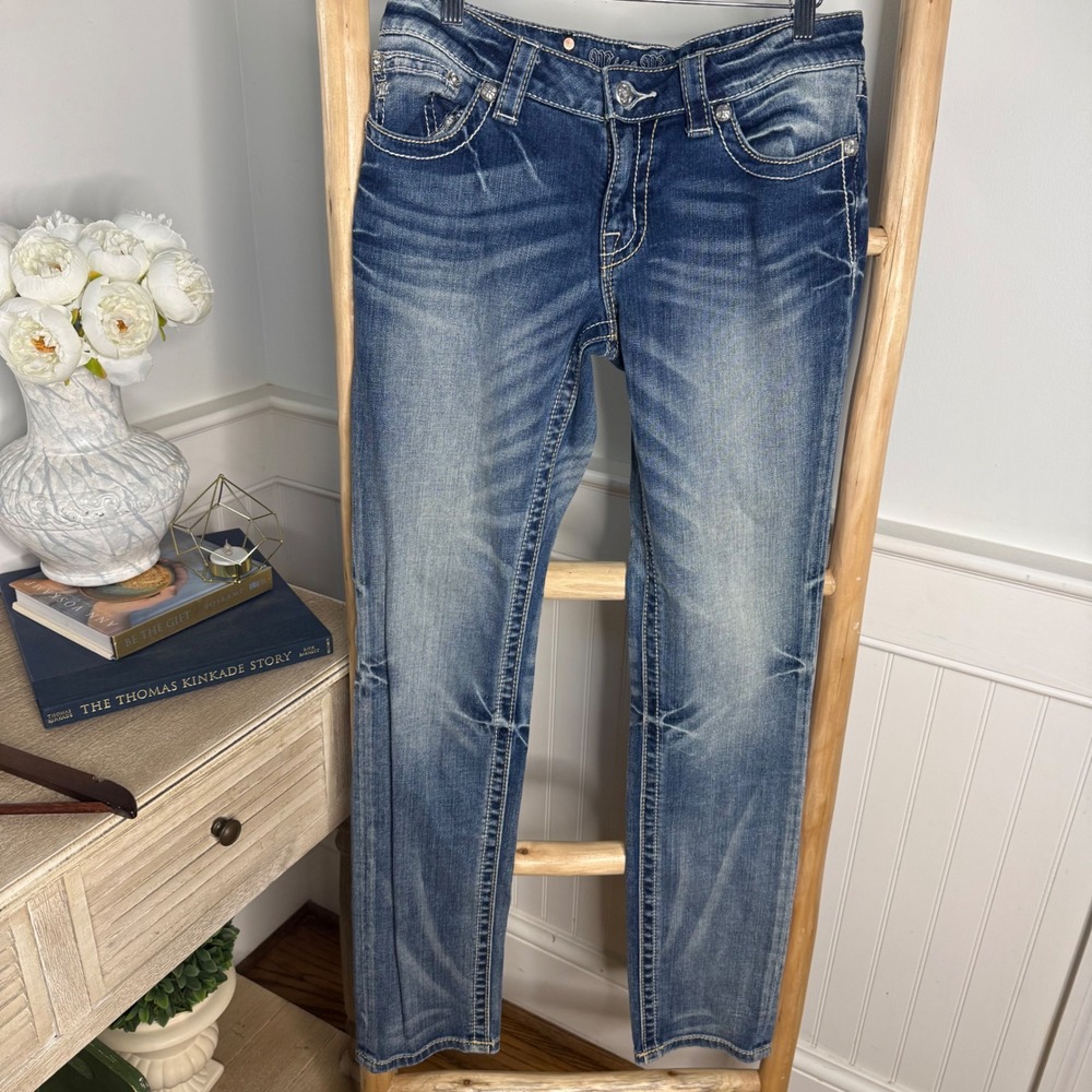 Miss Me Skinny Jeans JS5151S3 Medium Wash Whiskered Embellished Size 30